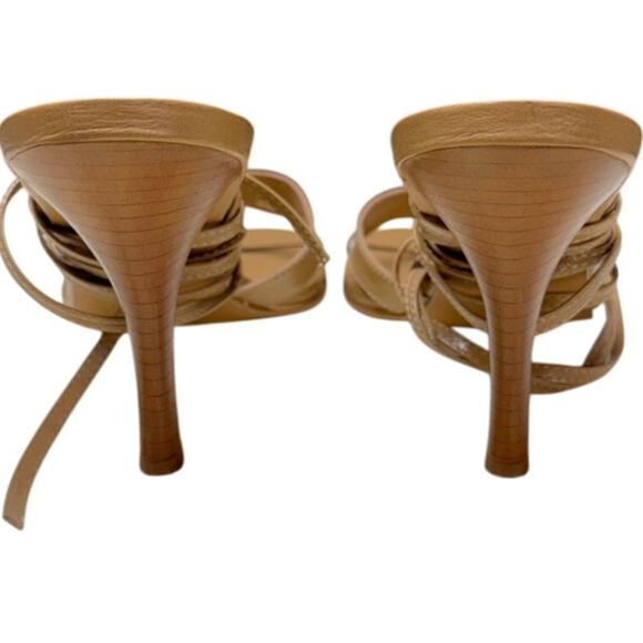 Bruno Valenti Beige Tan Wrap Up Wooden Heel Strappy Sandals Women 9 - Picture 4 of 6